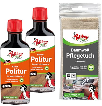 POLIBOY fixneu Politur dunkel - Möbelpolitur für dunkle lackierte Hölzer - farbauffrischende Holzpolitur - 2x 100ml - Mit Baumwolltuch - Made in Germany