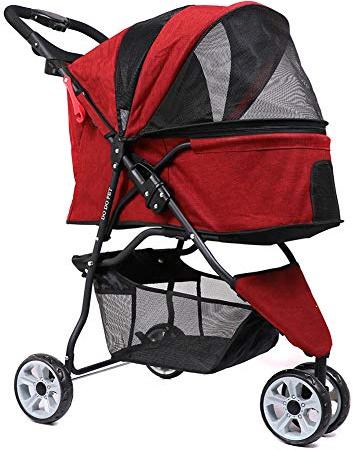 Faltbarer Kinderwagen für Katzen und Hunde, Trolley für Welpen, Jogger, Buggy, Hundetransporter, maximales Gewicht 15 kg, mit Getränkehaltern, Aufbewahrungskorb, 3 Räder (rot)