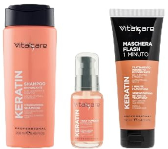 Vitalcare | Gift Set Keratin, Confezione Regalo con Shampoo 250ml, Cristalli Liquidi 50ml, Maschera Flash 1 Minuto, per Trattamento Intensivo Rinforzante con Cheratina e Arginina
