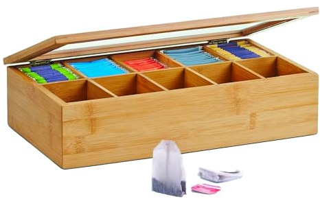 Avilia Caja para bolsitas de té de bambú – Organizador con 10 compartimentos, diseño elegante y sostenible, ancho 36 x 20 x 9 cm – Ideal para infusiones y té