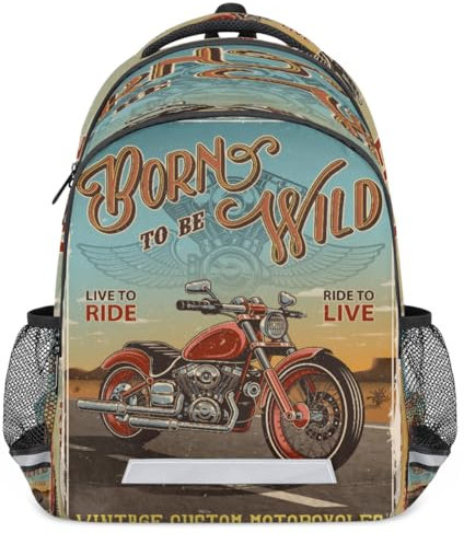 Vintage-Motorrad-Posterrucksack für Kinder, Jungen, Mädchen, Männer, Frauen, Motorrad-Rucksack, Schule, Büchertasche, Wandern, Reisen, lässiger Laptop-Tagesrucksack, farbig, 20 Long