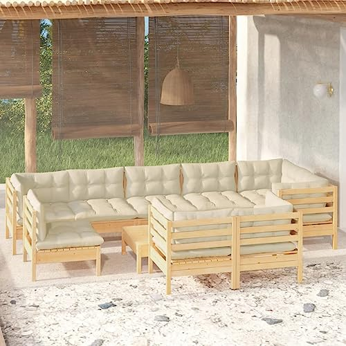 DYRJDJWIDHW bodensofa,palettenmöbel,gartenmöbel Rattan wetterfest,10-TLG. Garten-Lounge-Set mit Creme Kissen Massivholz KieferGeeignet für Garten, Swimmingpool, Wohnzimmer, Terrasse