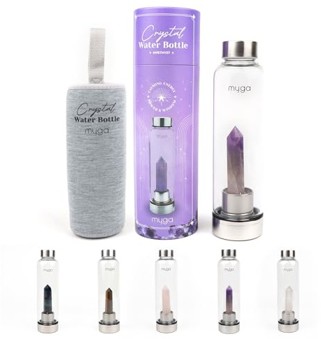 Myga Amethyst Crystal Water Bottle - 500ml Glass Drinks Bottle with Natural Healing Crystal & Neoprene Sleeve for Wellness & Self-Care - Gemstone: Amethyst