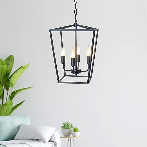 Luzarana Cage 4 Licht-Kronleuchter, Deckenleuchte schwarz Laterne Leuchten mit Bauernhaus Metallkäfig verstellbare Höhe rustikale geometrische Hängelampe E14 Basis für Kücheninsel (Schwarz)
