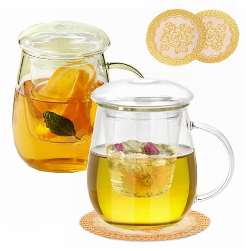 ANWONE Juego de 2 tazas de té de cristal transparente con infusor y tapa, para hojas de té sueltas, té de frutas, café, bolsas de té, 500 ml, con exquisito tapete para taza, apto para microondas y