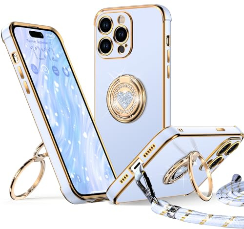 XYZ for iPhone 15 Pro Max Case with Stand, Heart Lanyard for Girls Women, Luxury Cute Bling Protective Phone Cover for iPhone 15 Pro Max, Blue