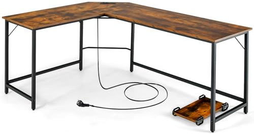 LIFEZEAL Escritorio en Forma de L con Multienchufe, Estación de Carga, Escritorio de Esquina para 2-3 Ordenadores, Soporte de CPU, Estación de Trabajo, MAX 150kg, 168x125x74,5cm (Marrón)