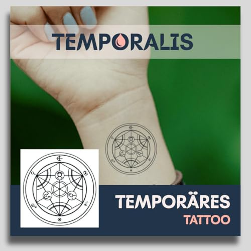 Fake Tattoo Geometrisches – Temporalis® | Temporäre Tattoos für Erwachsene – EU-zertifizierte Kosmetik, vegan & wasserfest – Hält 1 bis 2 Wochen [ Alchemie-Symbol ]