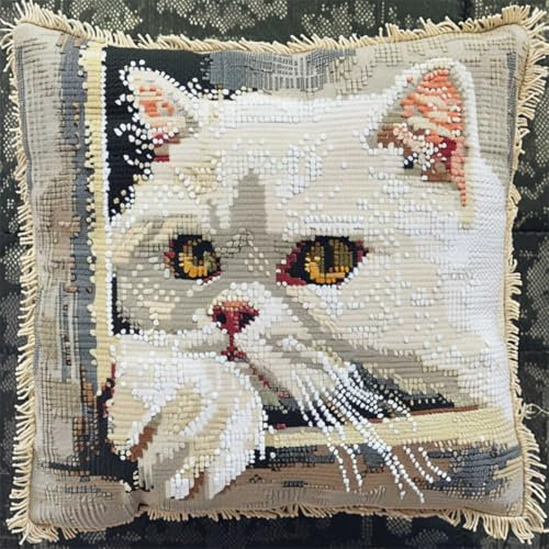 DIY knüpfen set anfänger Fantasie-Katze knüpfkissen mit vordruck Süße Tiere DIY Wurfkissenbezug，Sofakissenbezug mit bedruckter Leinwand für Anfänger und Erwachsene mit vorgedrucktem Muste 43x43cm