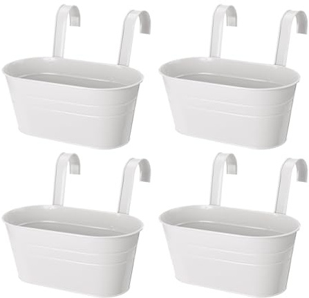Hniuyun Blumentöpfe zum Aufhängen, Metall, Eisen, Blumentöpfe für Geländer, Zaun, Hängetöpfe, Fenster, Blumenpflanzenhalter mit abnehmbaren Haken, Garten, Heimdekoration, 4 Stück (weiß)