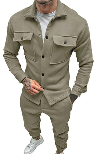 Qixiu Herren-Set, atmungsaktiv, faltig, zweiteilig, atmungsaktiv, Hemd- und Hosen-Set mit Rollärmeln Herren Jogginganzug