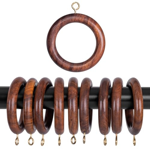 INANOSA Handcrafted Natural Rose Wood Curtain Rings with Hooks – 2.5 Outer, 1.75 Inner Diameter – Smooth Wooden Drapery Rings for Rod with Metal Hooks – Pack of 24