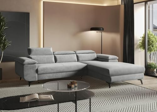 MODERNO Ecksofa mit Schlaffunktion Flat - Modern Sofa 3 Sitzen mit klappbare Kopfstützen - Schlafcouch L-Form mit Metallfüße 205x276x94 cm - Ecke Rechts Grau