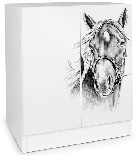 Leomark Moderner Kleiderschrank Roma - Weißer Schrank für Kinderzimmer, höhenverstellbare Einlegeböden, 60 x 42 x 78 cm (H) | UV-Druck: Pferd