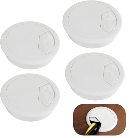 Juego de 4 Pasacables Redondos de Plástico Blanco, Cubierta de Orificio de Cable, Organizador de Cables para Escritorios y Oficinas, Diámetro 60 mm, Para oficinas, mesas de computadora