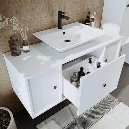 ROOMART Badezimmermöbel Set Gusto 120 cm 4 Teilig mit Keramik Waschbecken (Weiß, Unterschrank mit Keramik Waschbecken)