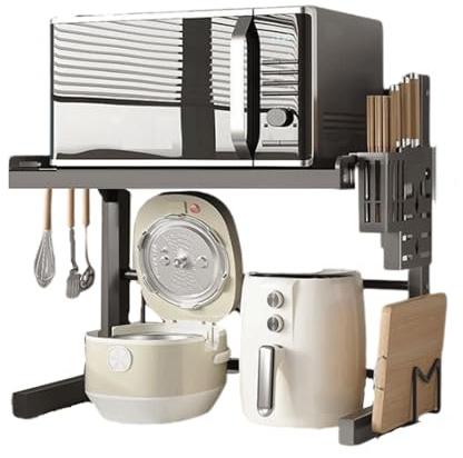 Awoyep Mikrowellen Regal Microwave Shelf Mikrowellenständer: Mikrowellenregal Regal Mikrowelle Stehend 39-62cm Expandable Küchenorganizer Küchenregal Arbeitsplatte mit 4 Haken (Schwarz, 2-Tier)