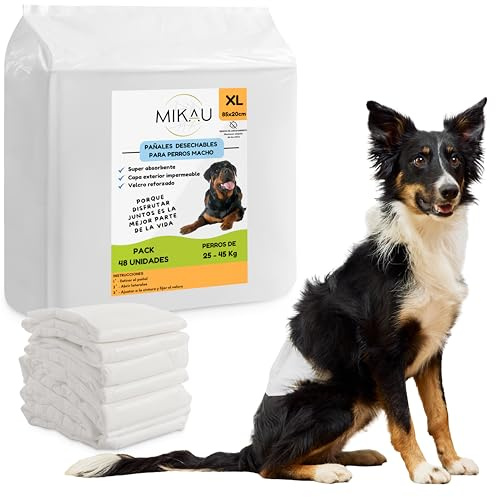 MIKAU Hundewindeln für rüden, 48 Stück, Ultra-saugfähig, auslaufsichere Passform, bequem und robust, einfache Anbringung (Größe XL)