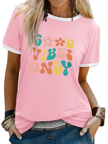 Dresswel Women Good Vibes T-Shirt Rainbow Graphic Print Tee Shirts Summer Tops | Casual Short Sleeve Graphic Print Basic Tshirts, Ringer T Shirt, Ladies Tshirts, Fashion, Letter Print