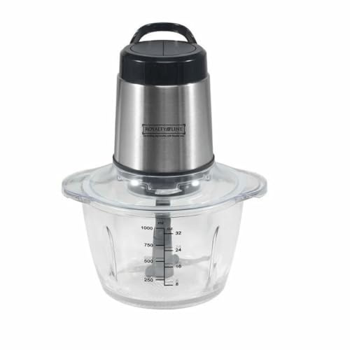 ROYALTY LINE, Multifunktionszerkleinerer 300 W RLMCE300341 – 1,2 l Schüssel, Edelstahl, 2 Geschwindigkeiten, Sicherheitsverriegelung, rutschfeste Matte, leicht zu reinigen, ideal zum Hacken und Mixen