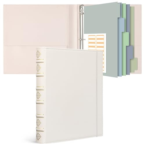 Ospelelf Leather 3 Ring Binder 1 Inch, Vintage D Ring Binder with Pockets and 5 Tab Dividers, Hardback Book Style Document Organizer Fits Letter Size Paper for Home, Office and Wedding White