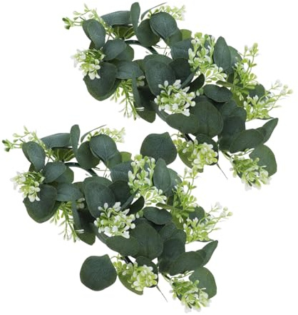 TOPPERFUN 2 Stück Künstlicher Kerzenring Girlanden, Kerzenringe, Kränze Drinnen Eukalyptus Rustikal Tisch Kerzenkranz Ringe Kerzenring Kranz Party Klein Green Seidenblatt