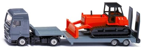 Siku 1762, MAN-lastbil med låglastarsläp och bulldozer, 1:87, metall/plast, röd/grå, leksaksset, avkopplingsbart låglastarsläp, rörligt schaktblad