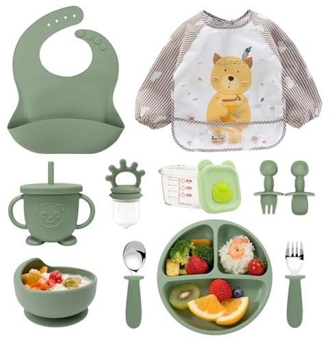Neuytiky Silikon Baby Geschirrset Kindergeschirr,11 Stücke Rutschfest Silikon Geschirr Sets,Geschirrset Kindergeschirr mit Saugnapf,Babylöffel,Trinklernbecher,Lätzchen,BPA Frei