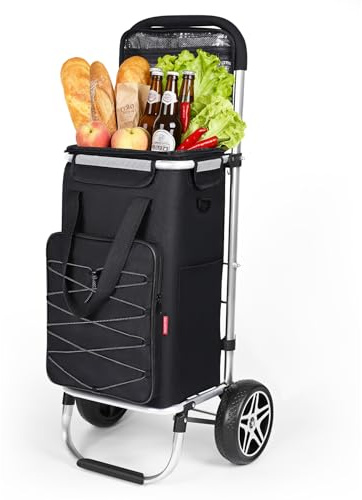 YEAUPE PRO 3-i-1 shoppingvagn med kylfack, 50 l shoppingvagn med avtagbar väska, max. 25 kg lastkapacitet, inklusive sidofickor och flasköppnare (svart)