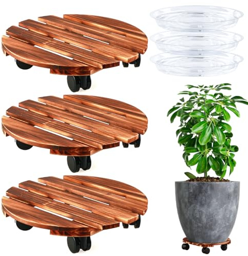 3 Pack Plant Caddy with Wheels Heavy Duty 16 Inch Wooden Plant Stand with Wheels Plant Dolly Rolling Plant Stand Plant Roller with Caster for Indoor and Outdoor with 3 Pack Plant Saucers, Round