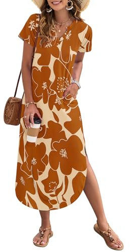 AUSELILY Women's Summer Casual Maxi Dress Short Sleeves V Neck Loose Sundress Split Long Beach Shirt Dress Vacation Khaki Yellow Flowers L