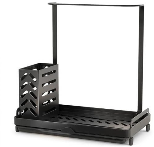 Kitsure Spülbecken Organizer Edelstahl Multifunktional, Groß, Schwarz | Bürste, Handtuch, Schwammhalter, Abnehmbare Abtropfschale, Rutschfeste Füße, Werkzeugfreie Montage