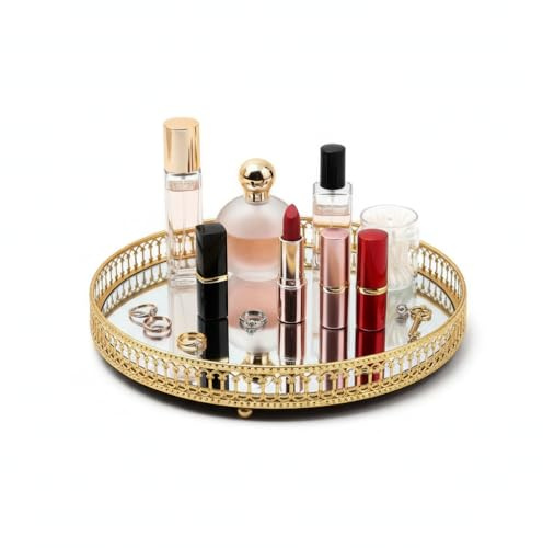 Mirror Vanity 25CM Round Jewelry Trinket Tray, Gold Decorative Tray for Dresser Bathroom Tray Storage Perfume Organizer for Bedroom