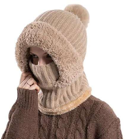 3 in 1 Beanie Hat Scarf & Balaclava for Women, Windproof Winter Knitted Hat with Warm Plush Fleece Lining for Skiing, Hiking, Outdoor Activities (Khaki)
