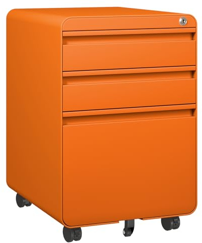 Dripex Metall Rollcontainer Stahl Rollcontainer mit 3 Schubladen oder 2 Schubladen, Abschließbarer Büroschrank, Bürocontainer mit 5 Räder (Orange(gesamt), 40 x 45 x 60 cm)