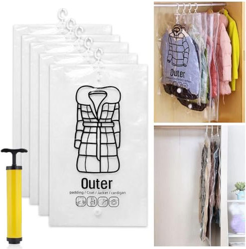 BNGXR 5 Piezas Bolsas de Almacenamiento al Vacío para Colgar, Bolsas Colgantes de Almacenamiento al Vacío Ropa con Bomba de Aire Ahorra Espacio para Guardar Ropa, Edredones, Almohadas, Mantas
