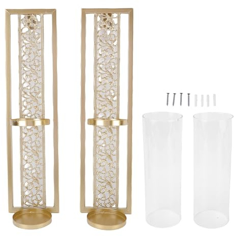 KELFEEAO Apliques de vela para decoración de pared, juego de 2 candelabros huecos vintage, arte de pared de metal con cubierta de vidrio, decoraciones para sala de estar, (Oro)