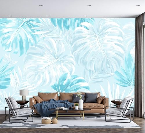 ZISTRCBAO Photo Wallpaper 400x280cm, Panoramic Blue Monstera Deliciosa Silk Wallpaper, Watercolor Plant Giant Wall Mural Decoration Poster for Living Room Bedroom Wall Covering