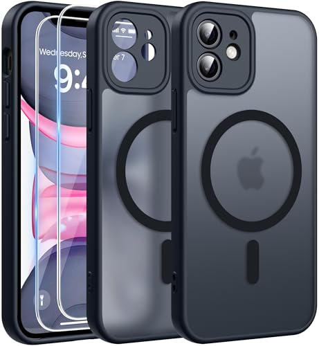 FLLAO for iPhone 11 Case, Magnetic Bumper Phone Case with 2 Tempered Glass Screen Protector, Full Camera Protection, Military-Grade Shockproof, Slim Translucent Matte Cover, Black | 2 Tempered Glass, Full Camera Protection, Military-Grade Shockproof, Slim Translucent Matte Hard Back Bumper Phone Cover
