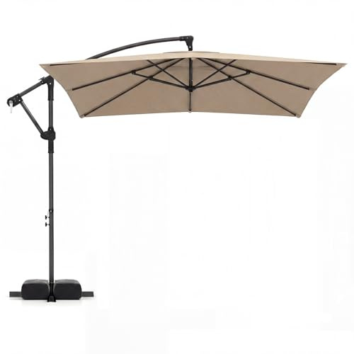 COSTWAY Sombrilla Terraza Exterior con Base, Parasol Excentrico con 8 Varillas de Metal, Rotación de 360°, Manivela, Base en Cruz y Sacos de Arena, Sombrilla Jardín Grande(250 x 250 cm（sin Luz）,Café)