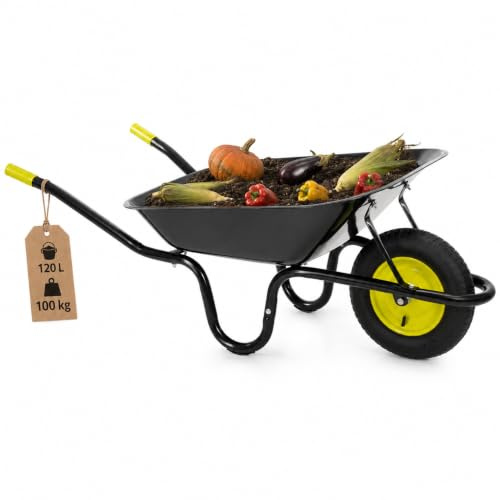 Springos Carretilla de jardín de 120 l con neumáticos de aire y bandeja de acero galvanizado, capacidad de carga de hasta 100 kg, para jardín, construcción, agricultura, patio, taller, color negro