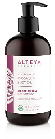 Alteya Organische Massage und Körperölmischung mit bulgarischer Rose 250 ml - USDA zertifizierte organische reine natürliche verjüngende und nährende Hautbehandlung