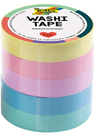 folia 26439 - Washi Tape, Klebeband aus Reispapier, Pastell, 5er Set, 10 m x 10 mm - ideal zum Verzieren und Dekorieren