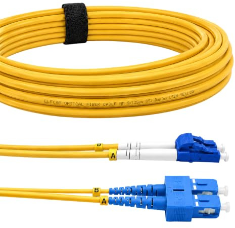 Elfcam® - Câble à Fibre Optique (Jarretière Optique) OS2 Monomode Duplex SC/UPC à LC/UPC (15M)