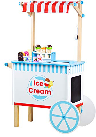 Bigjigs Toys Wooden Ice Cream Cart Toy - 18x Pieces of Ice Cream & Ice Lolly Toy Food with Spoons & Ice Cream Scoop, Quality Kids Ice Cream Cart