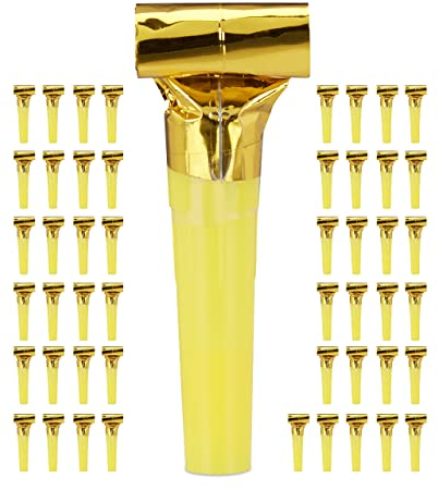 Relaxdays Trombette da Festa, Set da 50 pz, Fischietti per Bambini, Compleanno, Carnevale, Party-Kit, Carta, Oro, Colore, 10027942_259