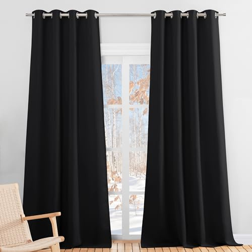 PONY DANCE Blackout Window Curtains - Room Darkening Blackout Curtain Panels for UV Protected Thermal Insulated Drapes for Living Room, 2 Pcs, W 55 x L 118 per Panel, Black