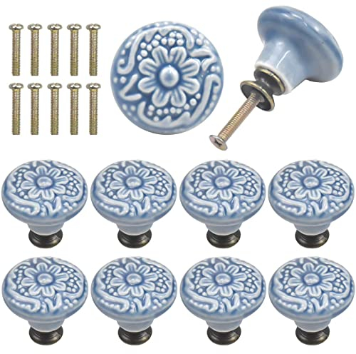 AvoDovA 10 x Vintage Ceramic Door Drawer Handles, 34mm Round Knobs, Furniture Hardware, Blue, B, 34mm x 31mm