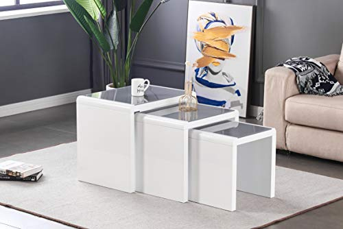 FURNIZONE PRIMA Nest of 3 Tables White with Grey Tempered Glass Top High Gloss Side End Coffee Home