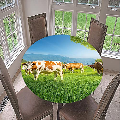 Morbuy Tischdecke Elastisch Rund, 3D Kühe Drucken Gartentischdecke Tischdecken Wasserdicht Abwaschbar Abwischbar Tischtuch für Küche Garten Outdoor (Durchmesser 130cm,Grünes Grasland)